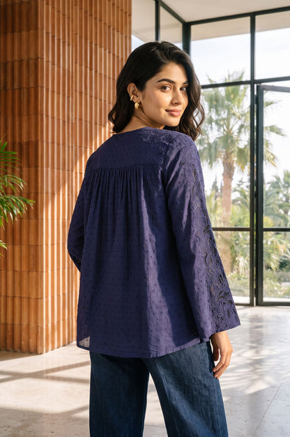 Navy Blue Textured Embroidered Rayon Straight Top