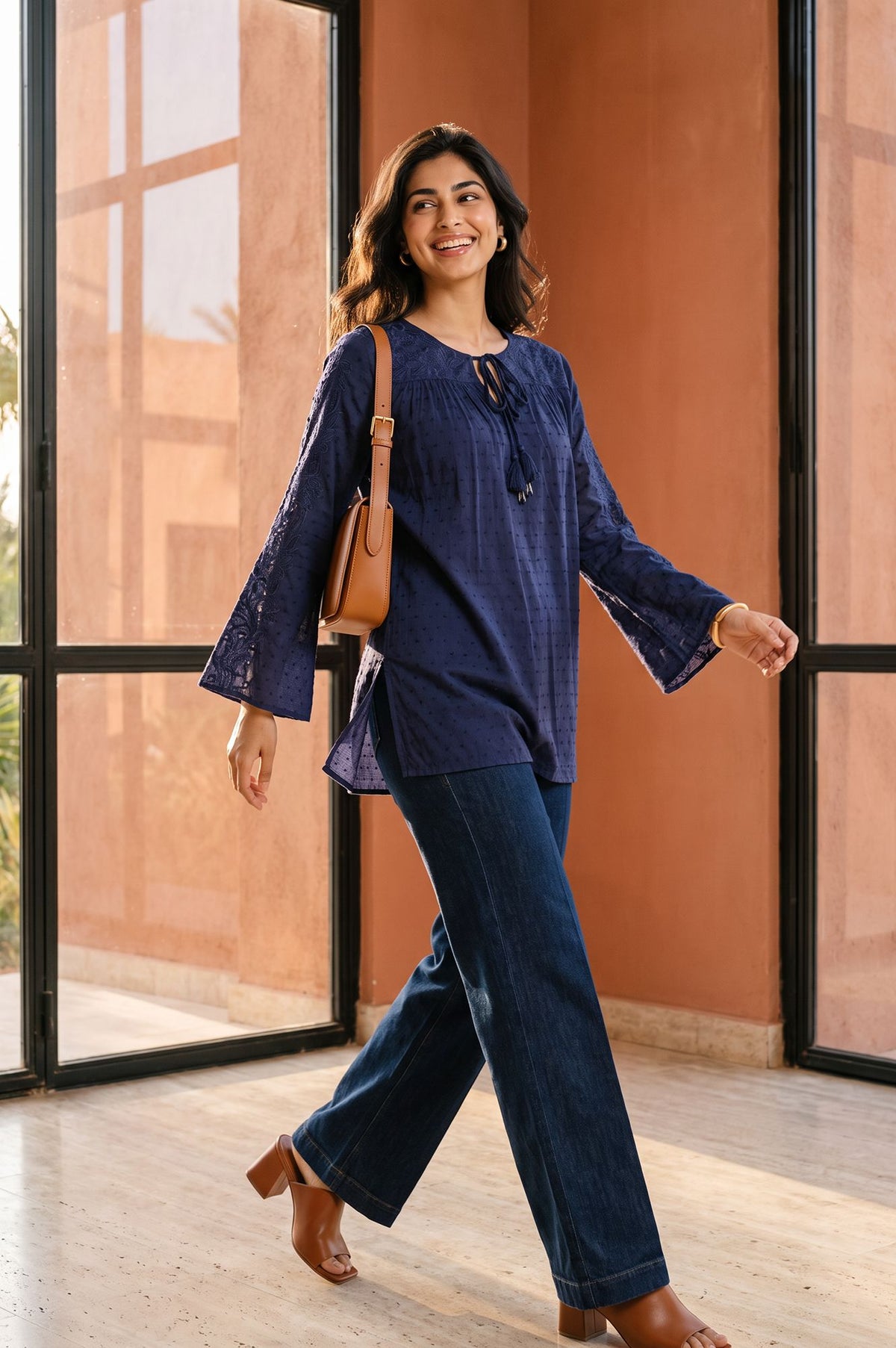 Navy Blue Textured Embroidered Rayon Straight Top