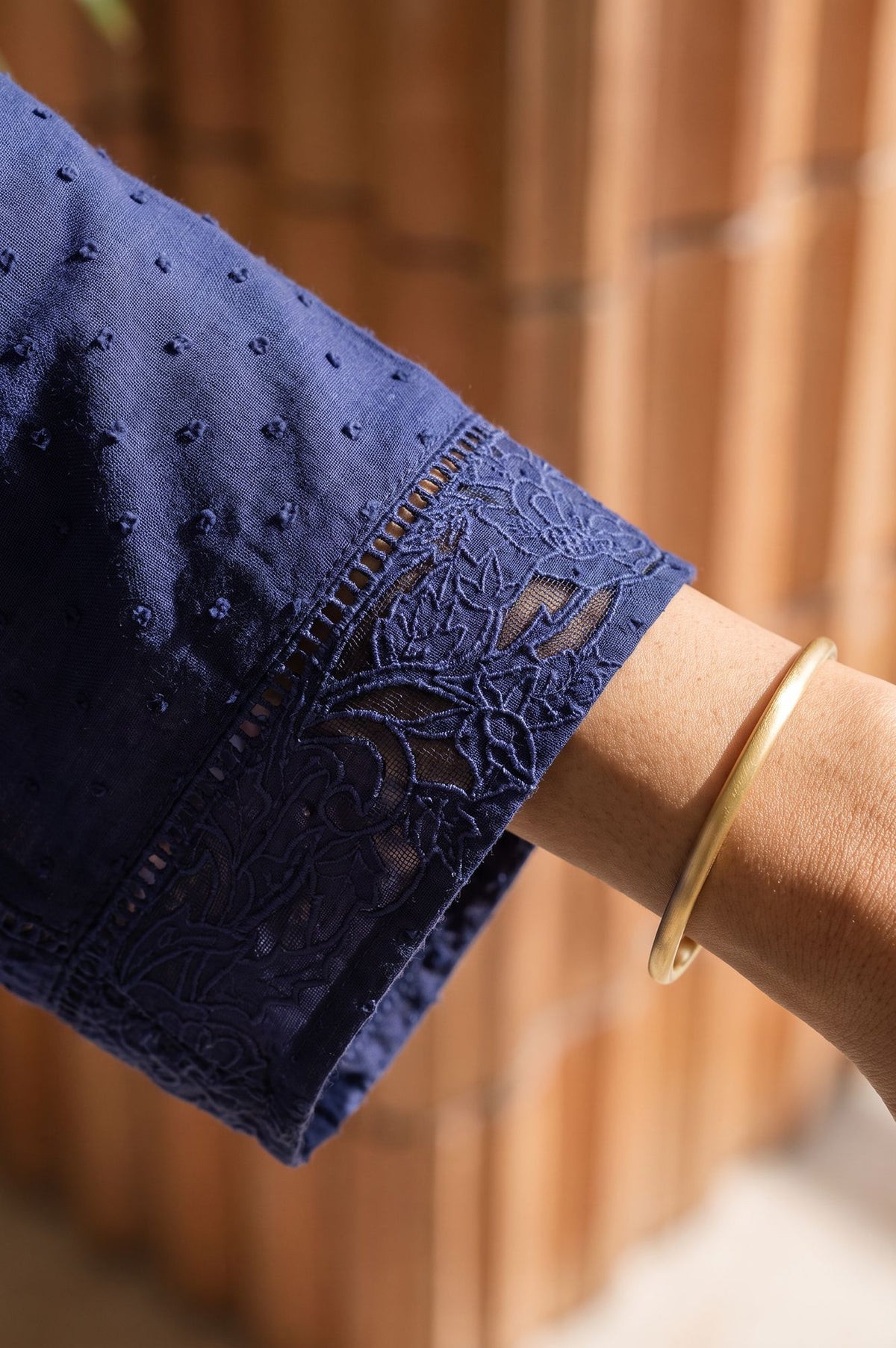 Navy Blue Textured Embroidered Rayon Straight Top
