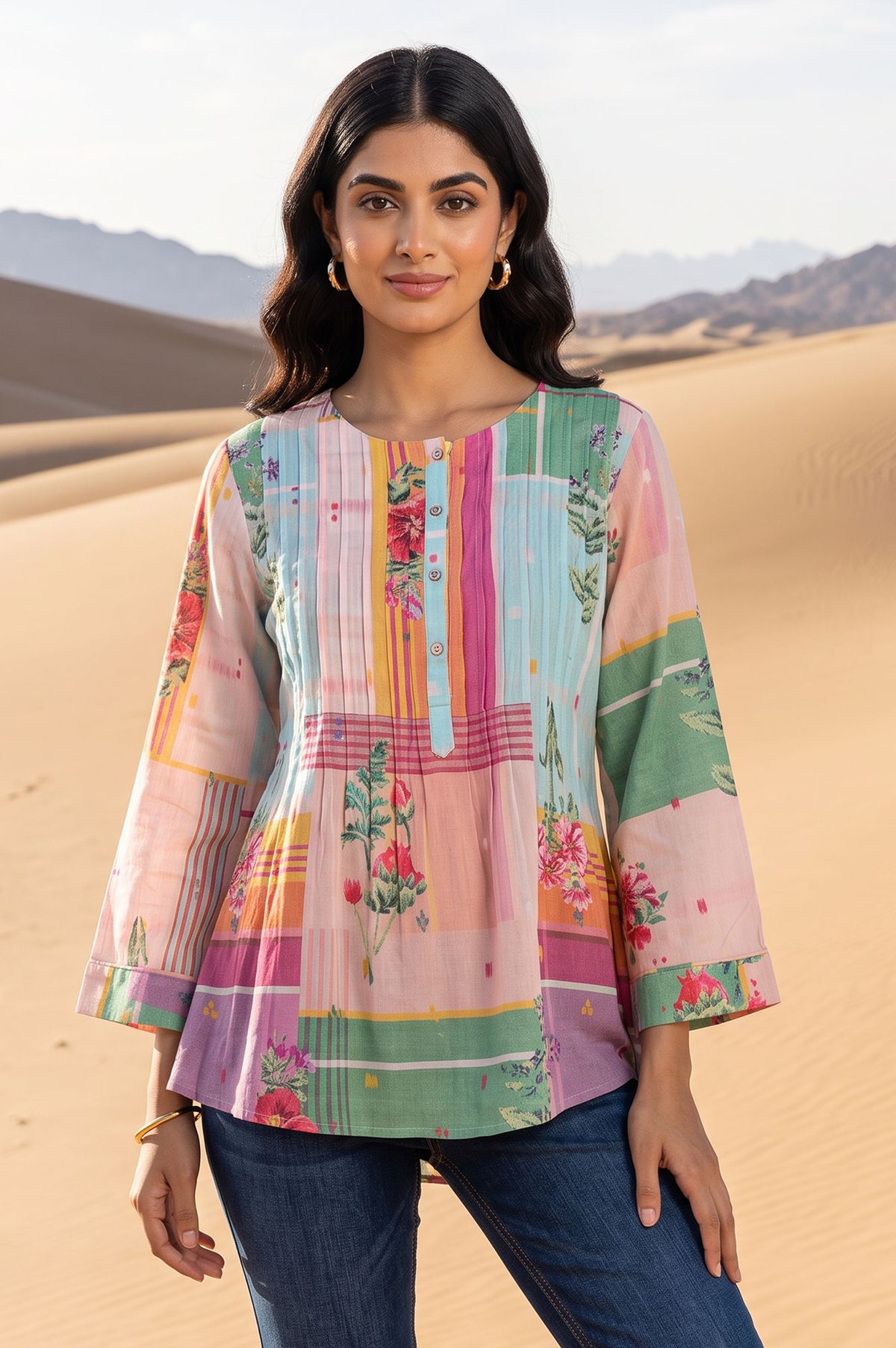 Multicolor Floral Printed Rayon A-line Top