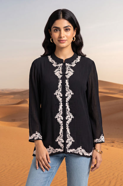 Black Embroidered Pure Cotton Straight Top