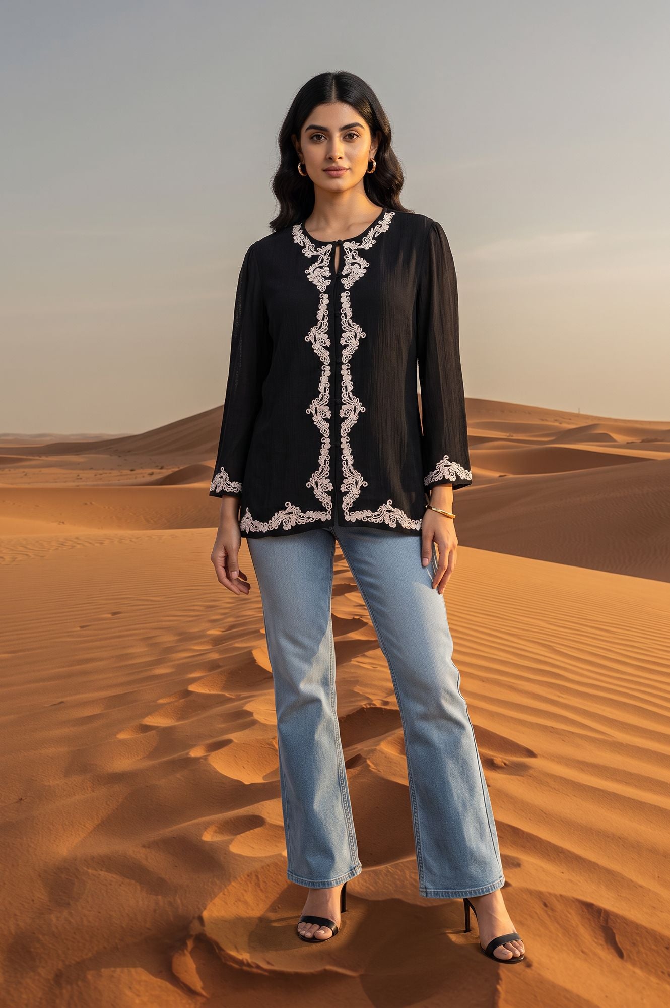 Black Embroidered Pure Cotton Straight Top
