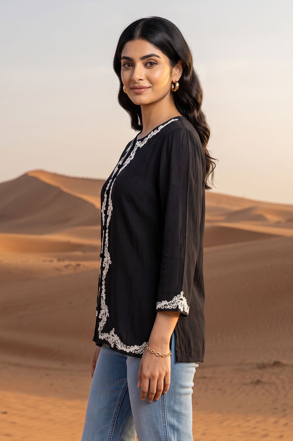 Black Embroidered Pure Cotton Straight Top