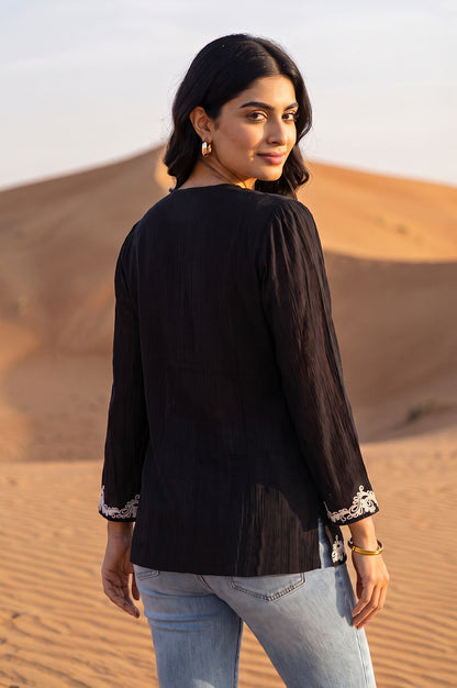 Black Embroidered Pure Cotton Straight Top