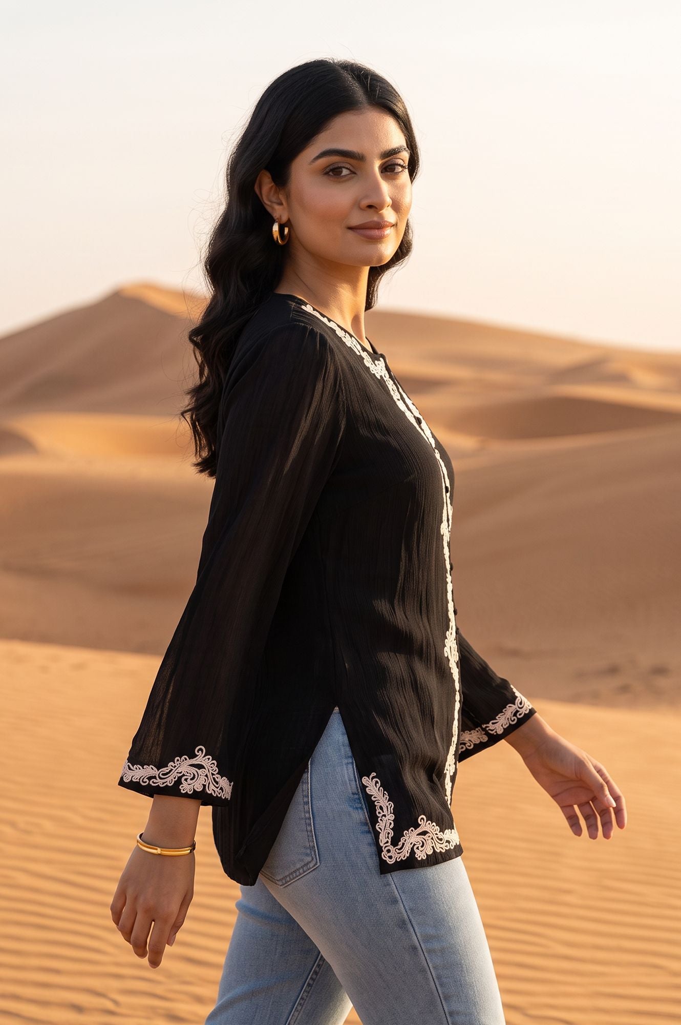 Black Embroidered Pure Cotton Straight Top