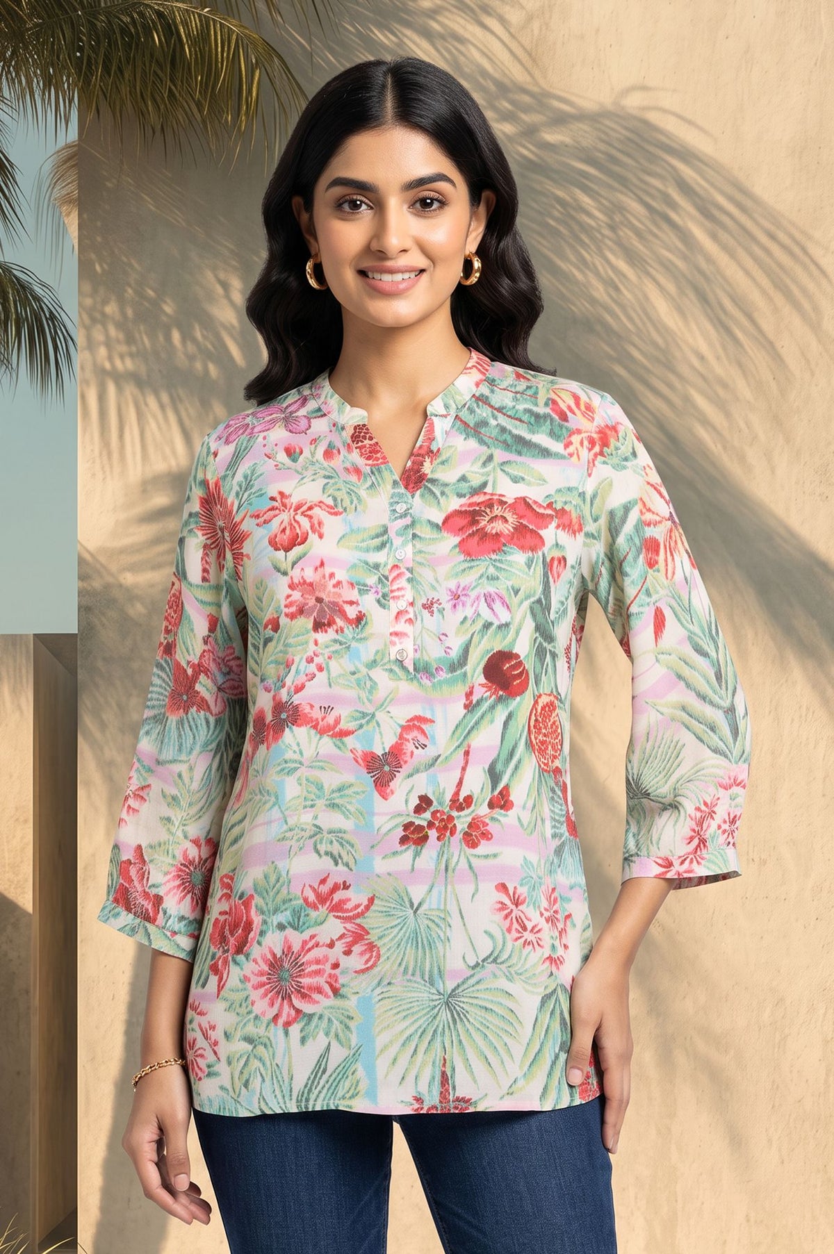 Off White Floral Printed Muslin Silk Straight Top