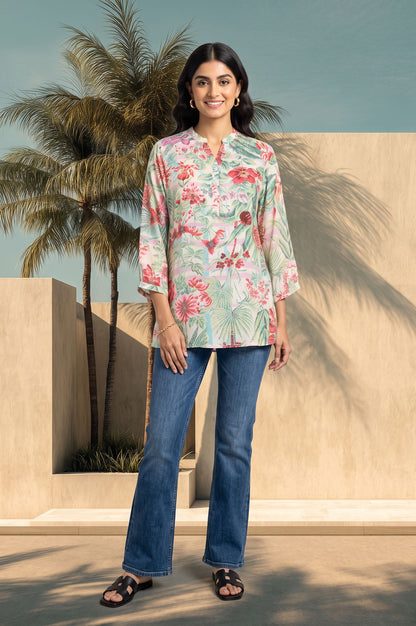 Off White Floral Printed Muslin Silk Straight Top