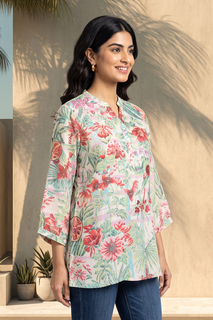 Off White Floral Printed Muslin Silk Straight Top