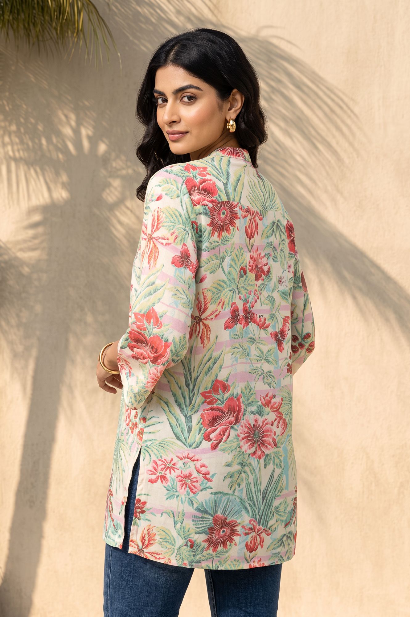 Off White Floral Printed Muslin Silk Straight Top
