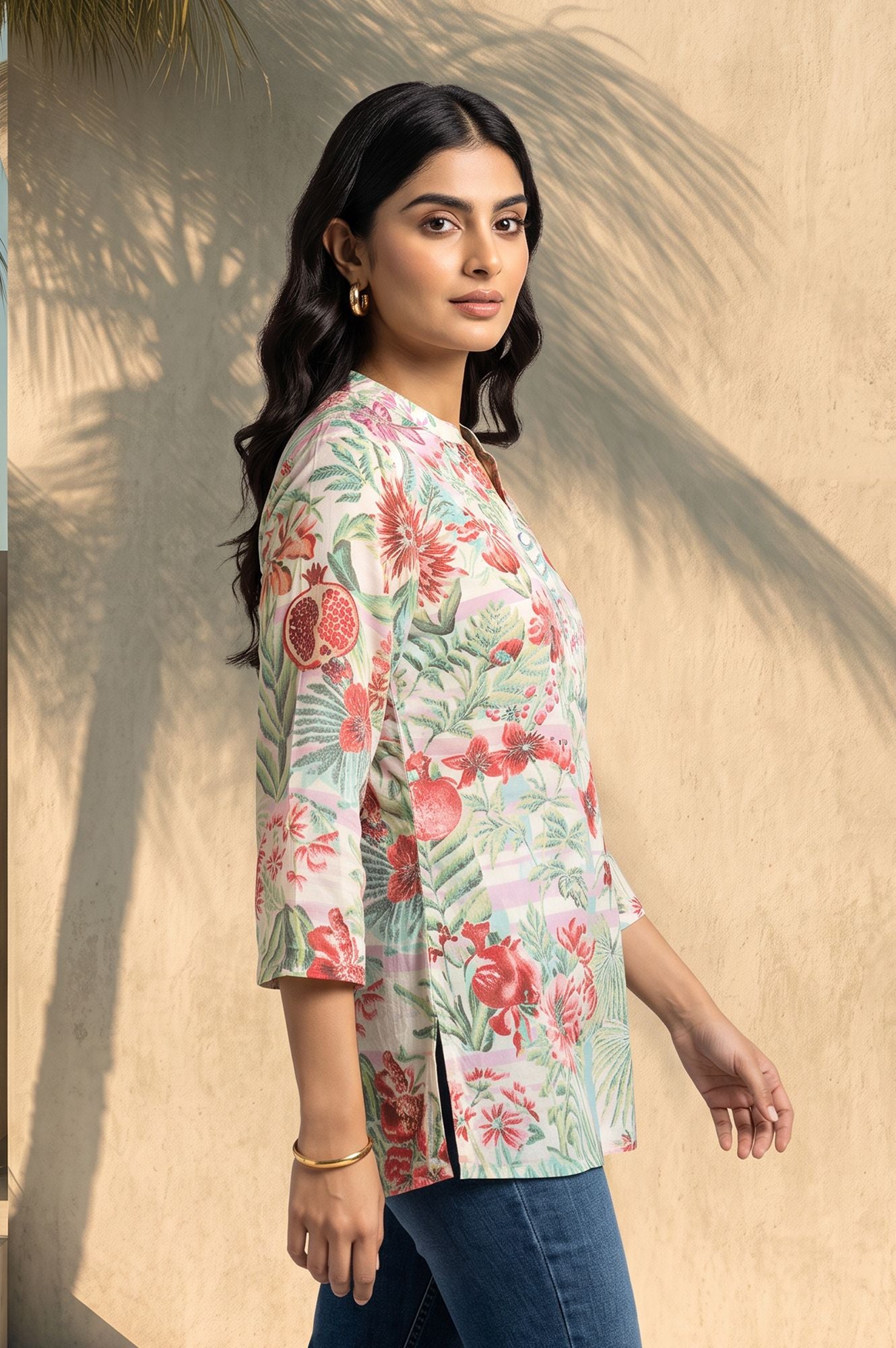 Off White Floral Printed Muslin Silk Straight Top