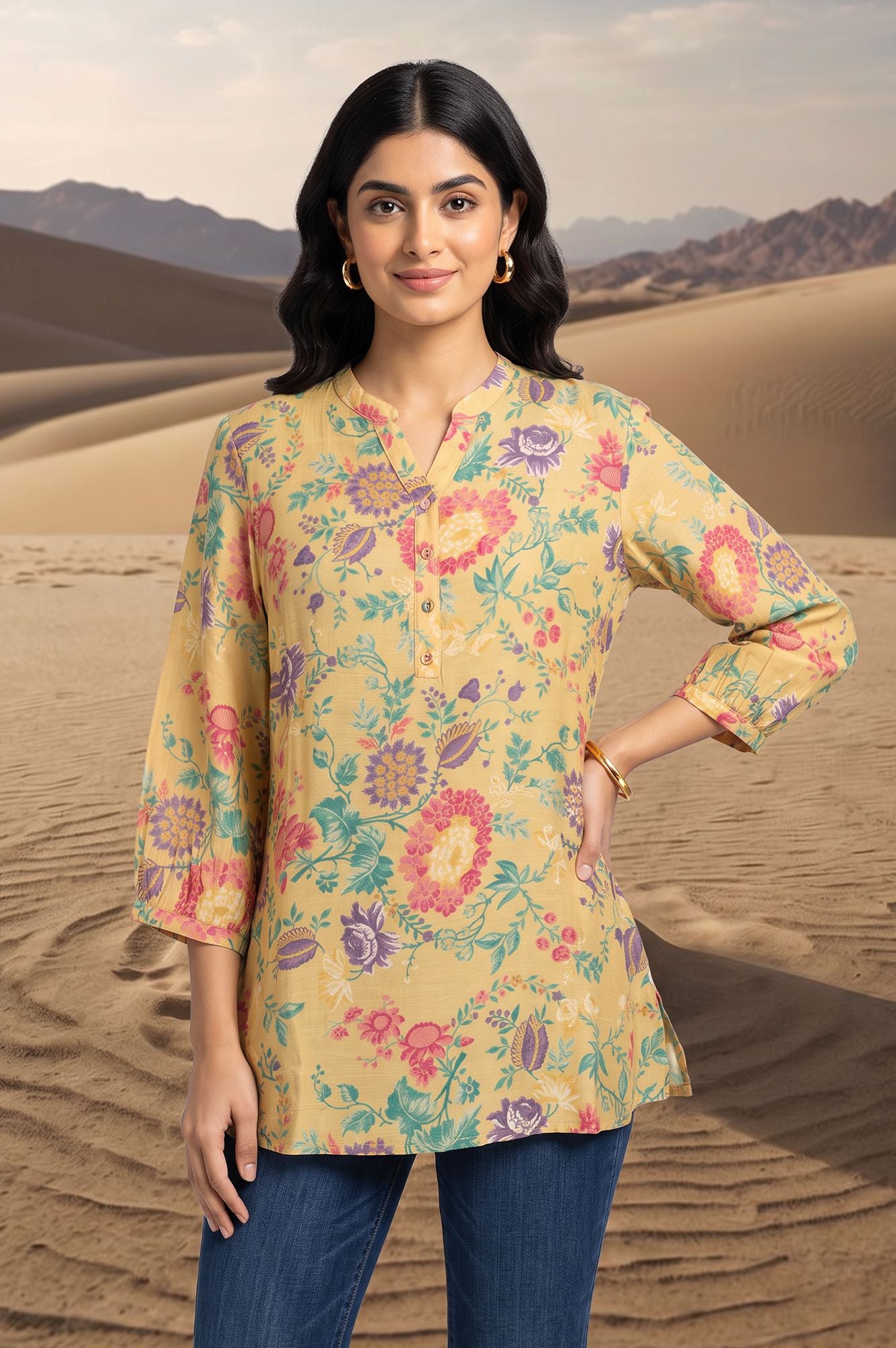 Yellow Floral Printed Straight Top