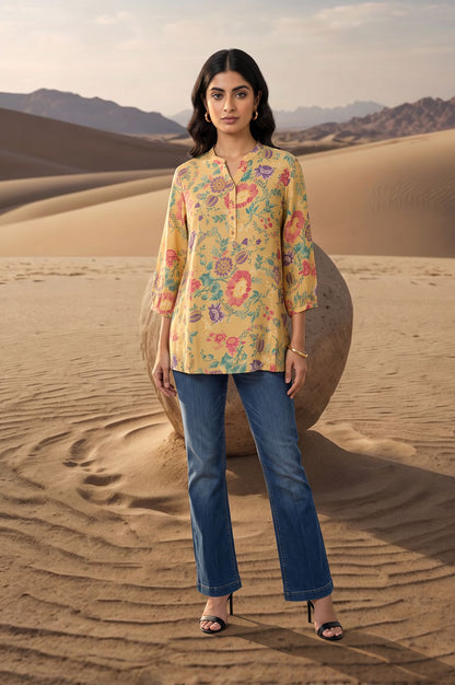 Yellow Floral Printed Straight Top