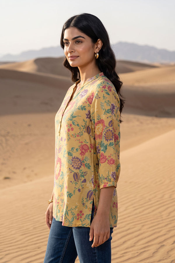 Yellow Floral Printed Straight Top
