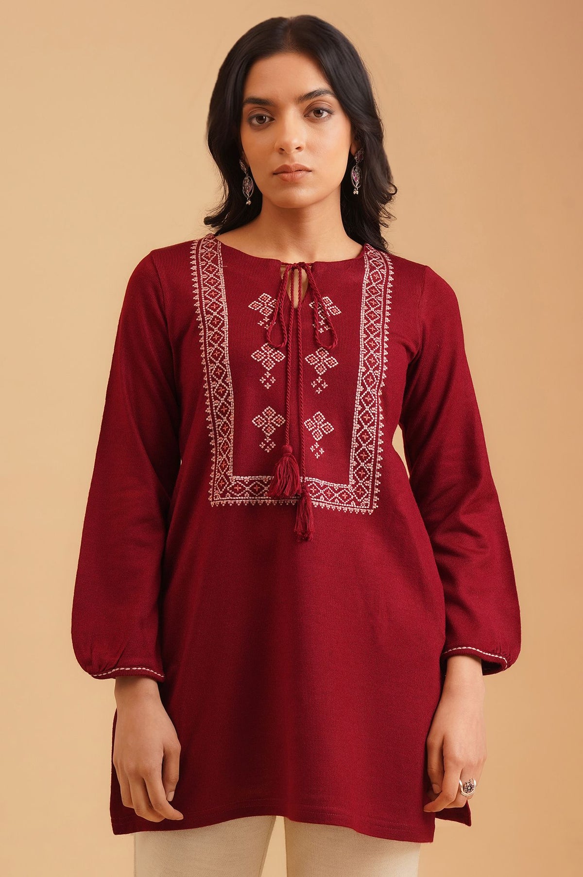 Maroon Embroidered Acrylic Straight Winter Top