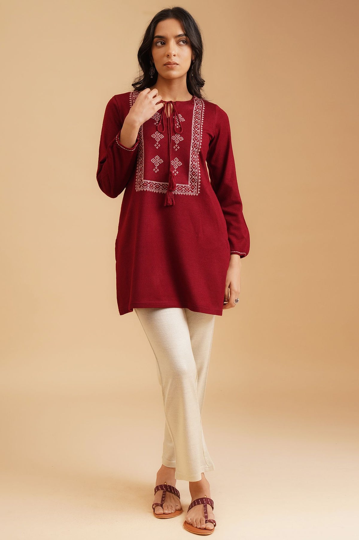 Maroon Embroidered Acrylic Straight Winter Top
