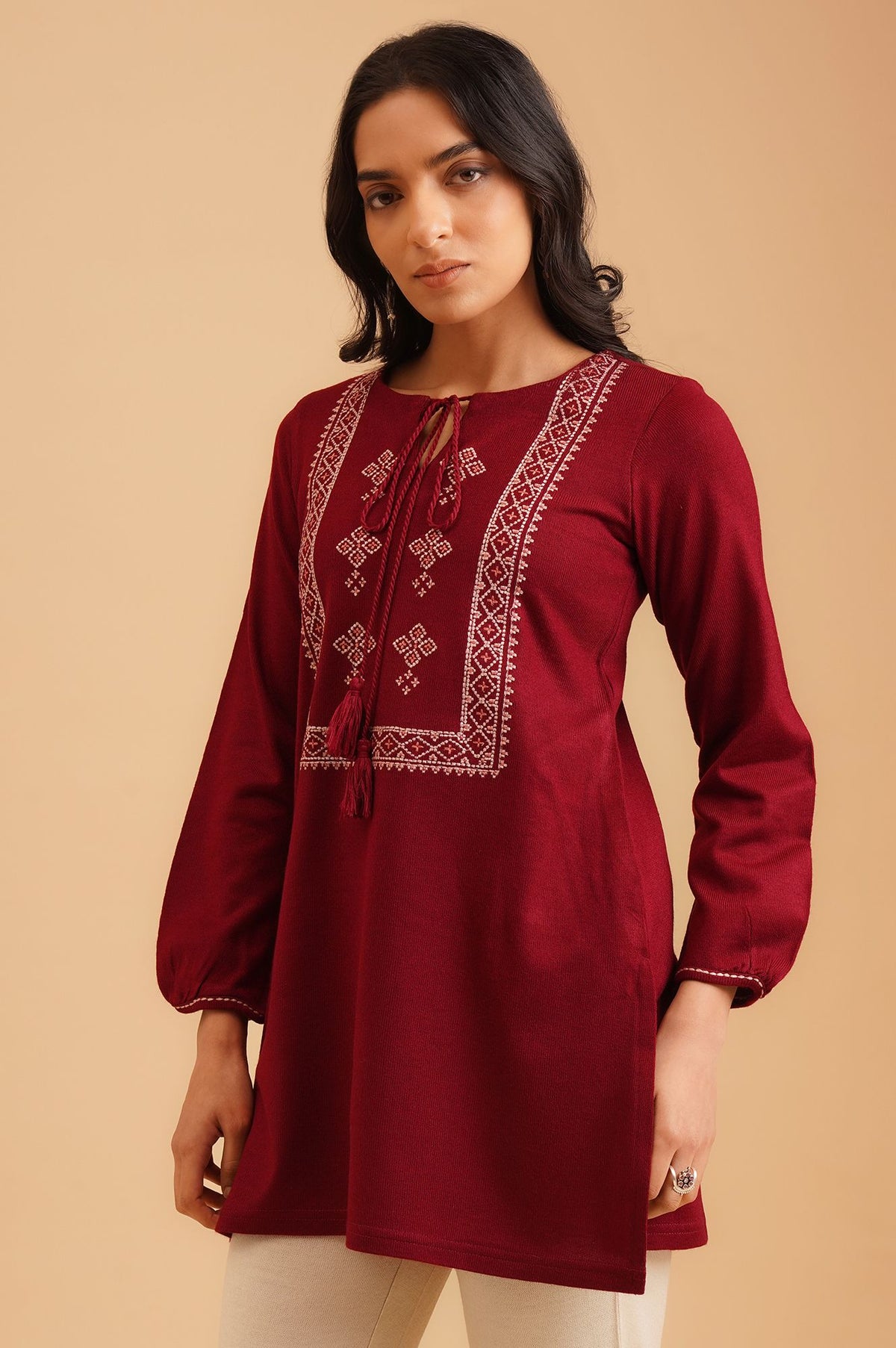 Maroon Embroidered Acrylic Straight Winter Top