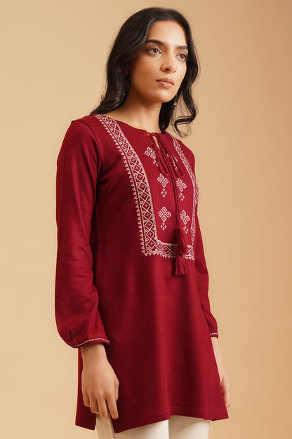 Maroon Embroidered Acrylic Straight Winter Top