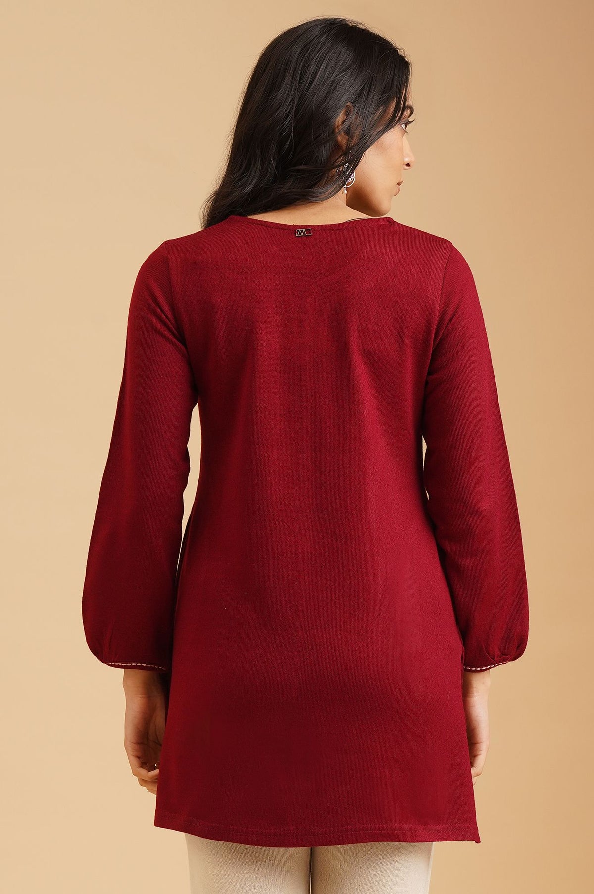 Maroon Embroidered Acrylic Straight Winter Top