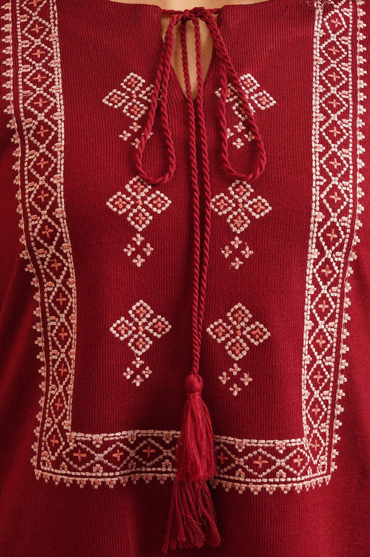 Maroon Embroidered Acrylic Straight Winter Top