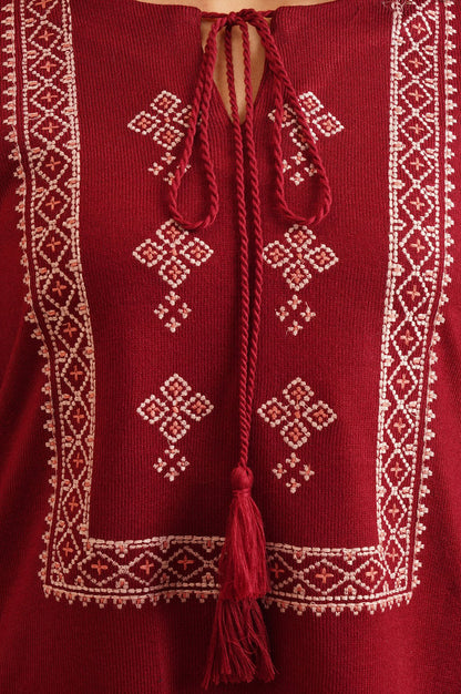 Maroon Embroidered Acrylic Straight Winter Top
