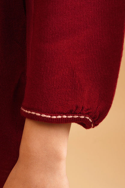 Maroon Embroidered Acrylic Straight Winter Top