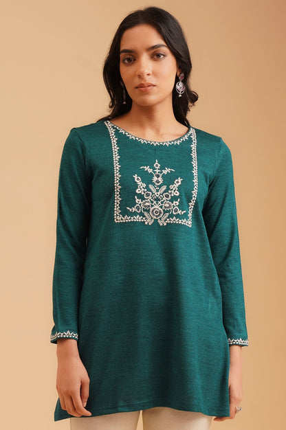 Teal Embroidered Acrylic Straight Winter Top