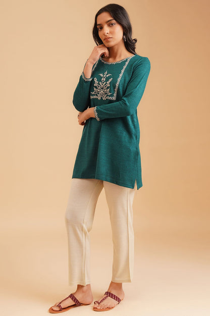 Teal Embroidered Acrylic Straight Winter Top