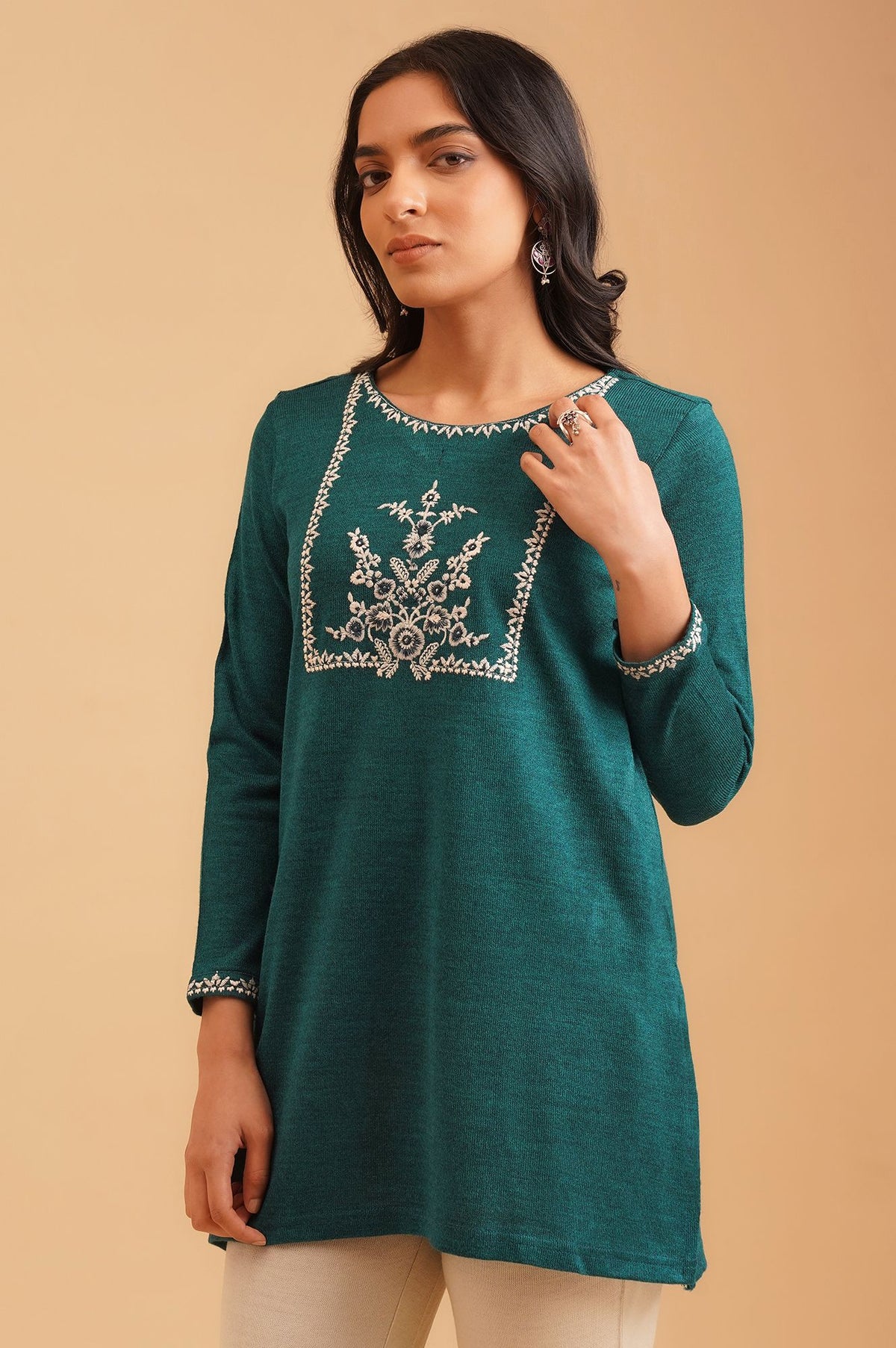 Teal Embroidered Acrylic Straight Winter Top