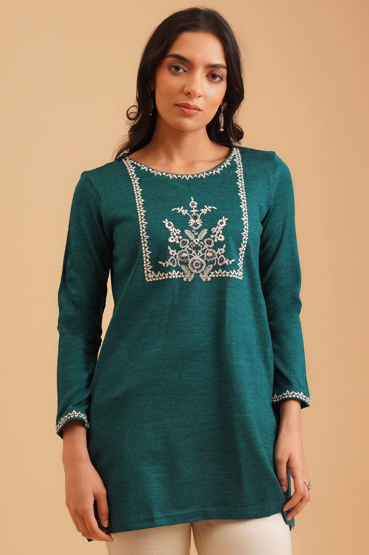 Teal Embroidered Acrylic Straight Winter Top