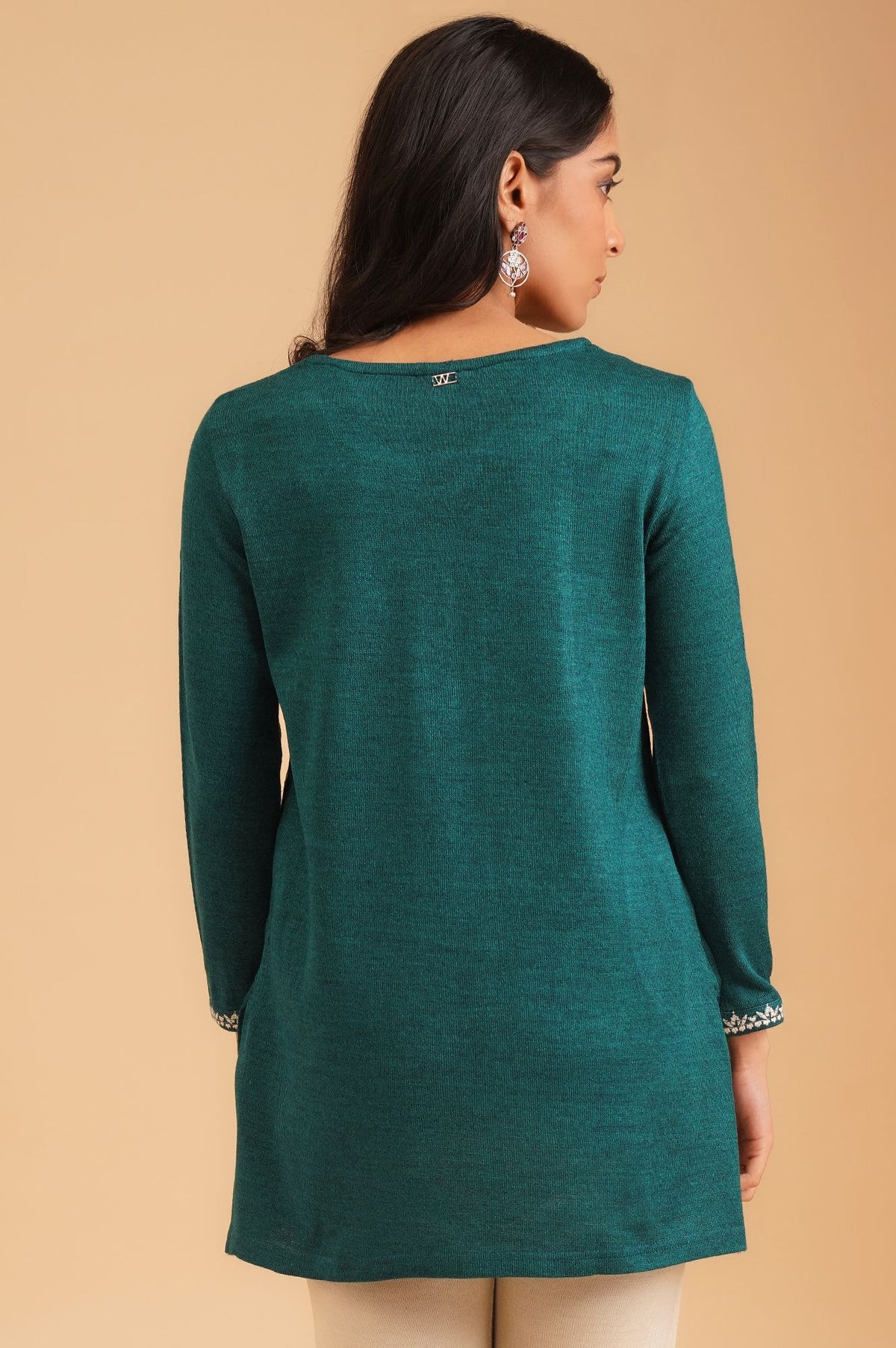 Teal Embroidered Acrylic Straight Winter Top