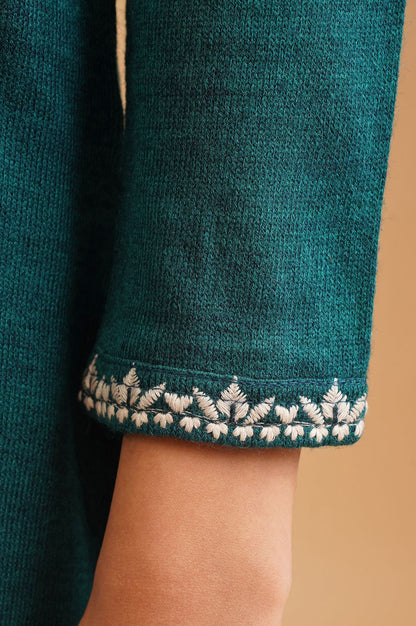 Teal Embroidered Acrylic Straight Winter Top