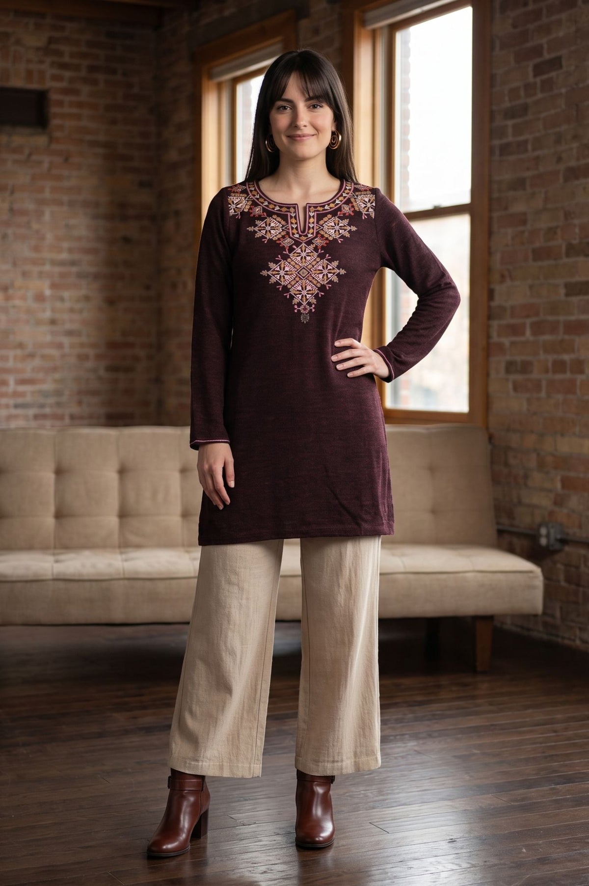 Maroon Embroidered Acrylic Straight Winter Top