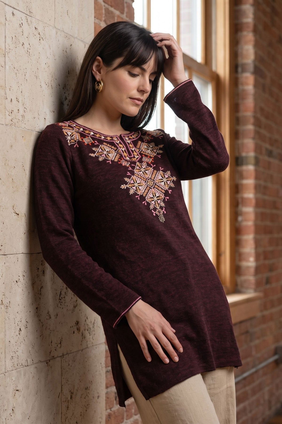 Maroon Embroidered Acrylic Straight Winter Top