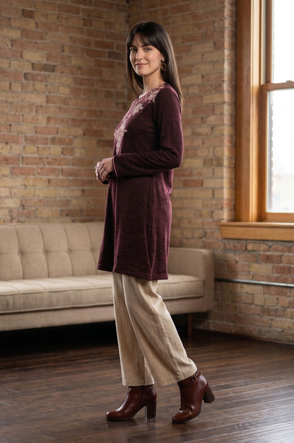Maroon Embroidered Acrylic Straight Winter Top