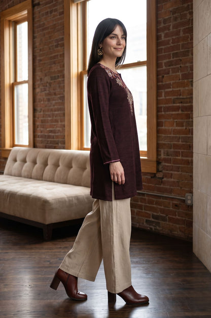 Maroon Embroidered Acrylic Straight Winter Top