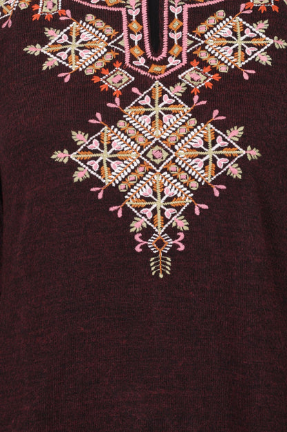 Maroon Embroidered Acrylic Straight Winter Top