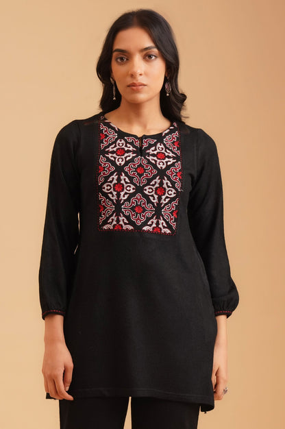Black Embroidered Acrylic Straight Winter Top