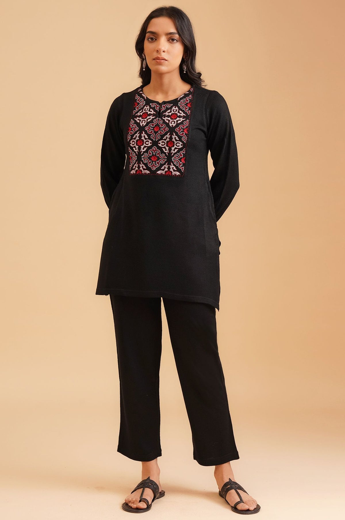 Black Embroidered Acrylic Straight Winter Top