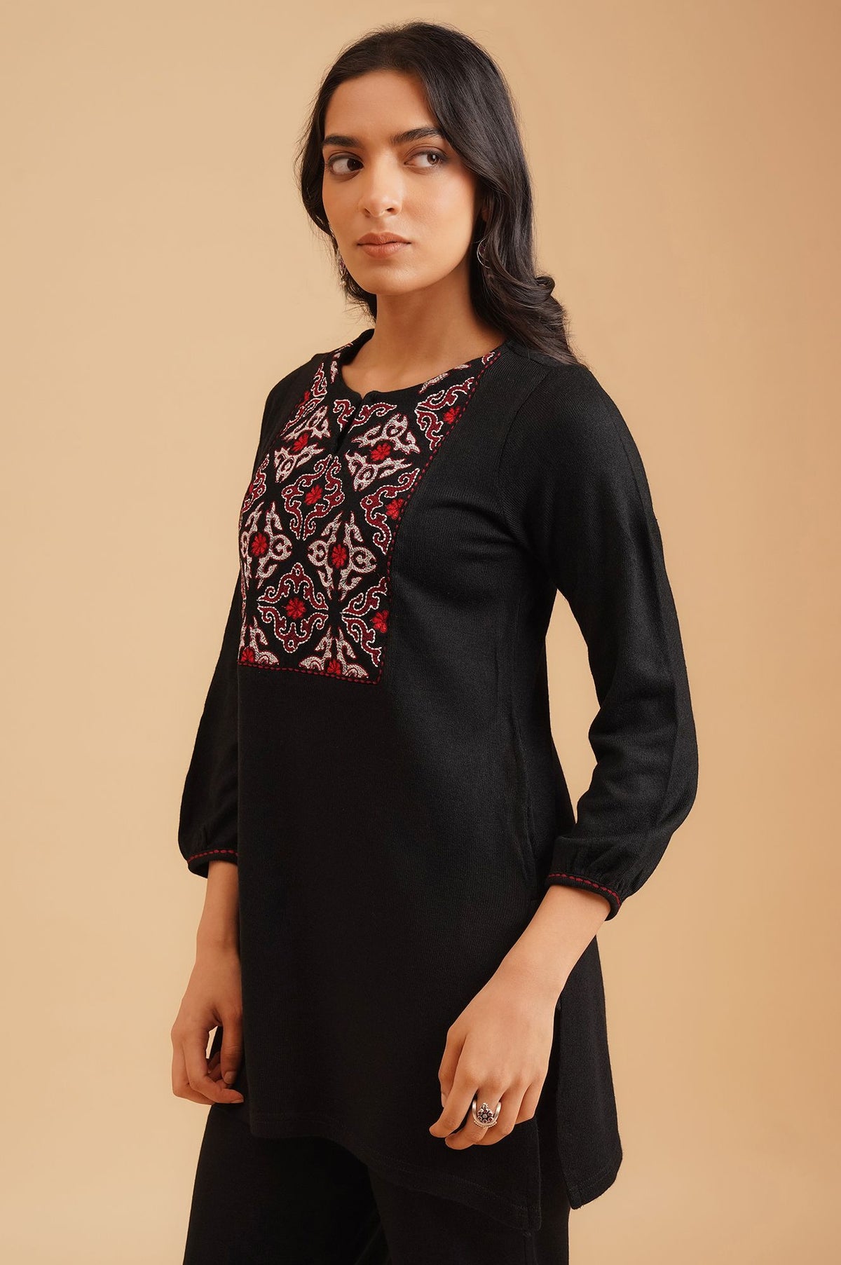 Black Embroidered Acrylic Straight Winter Top