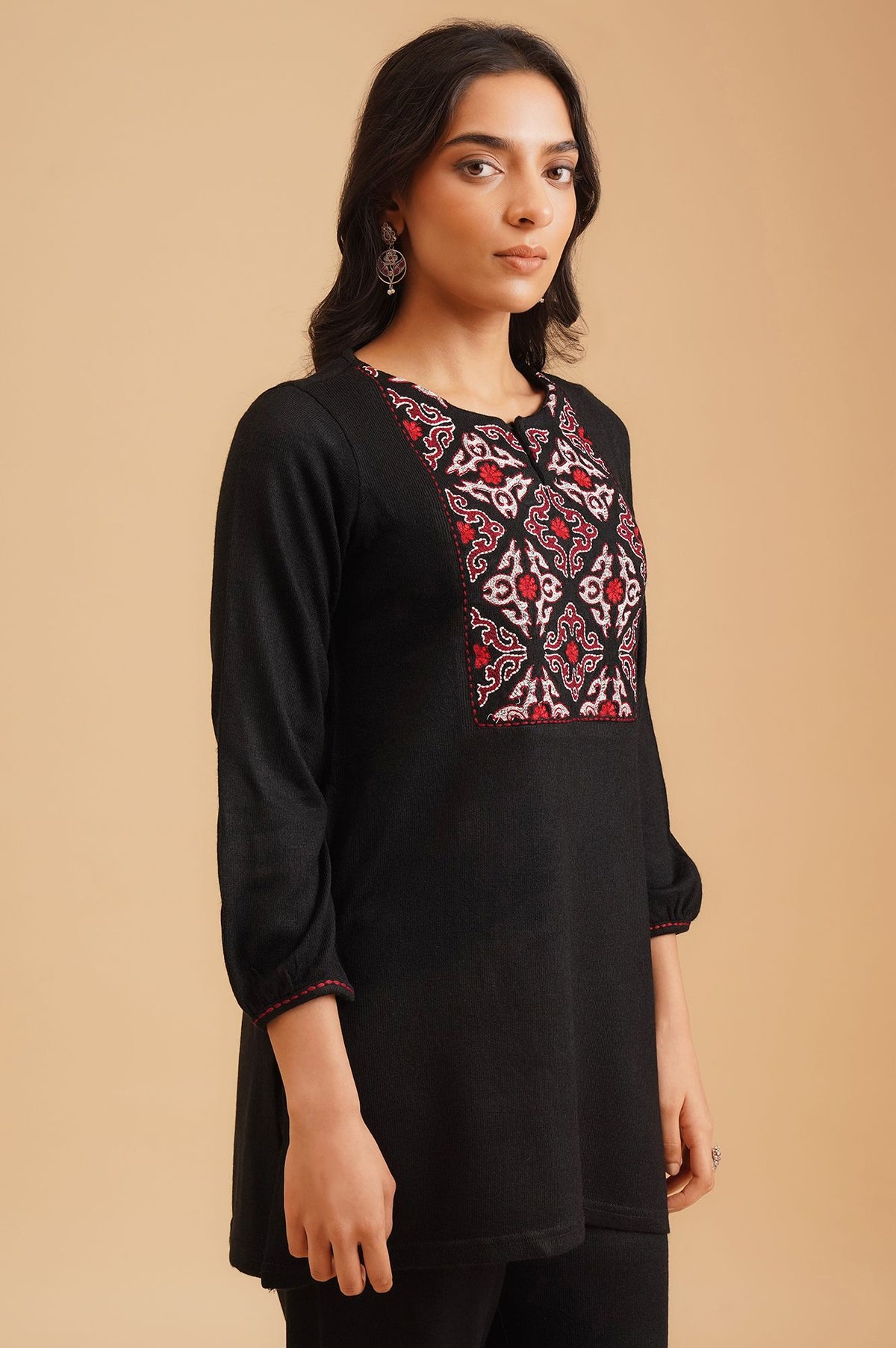 Black Embroidered Acrylic Straight Winter Top