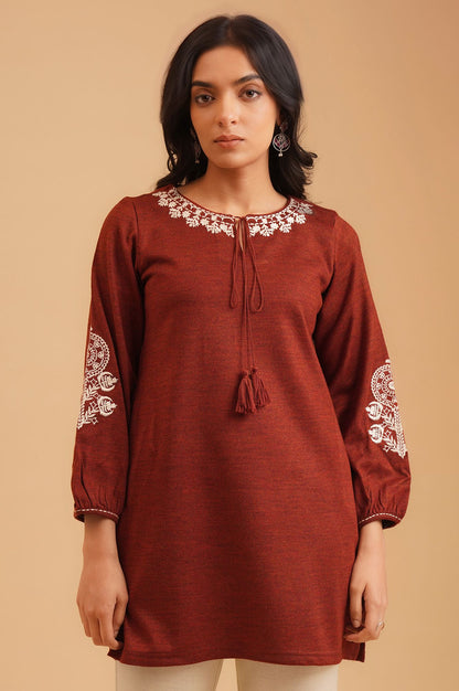 Maroon Embroidered Acrylic Straight Winter Top