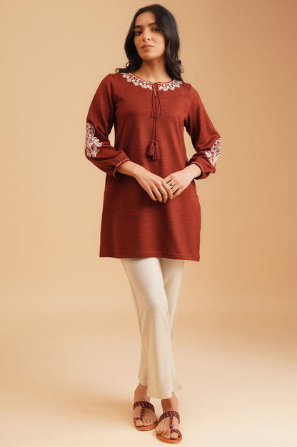Maroon Embroidered Acrylic Straight Winter Top
