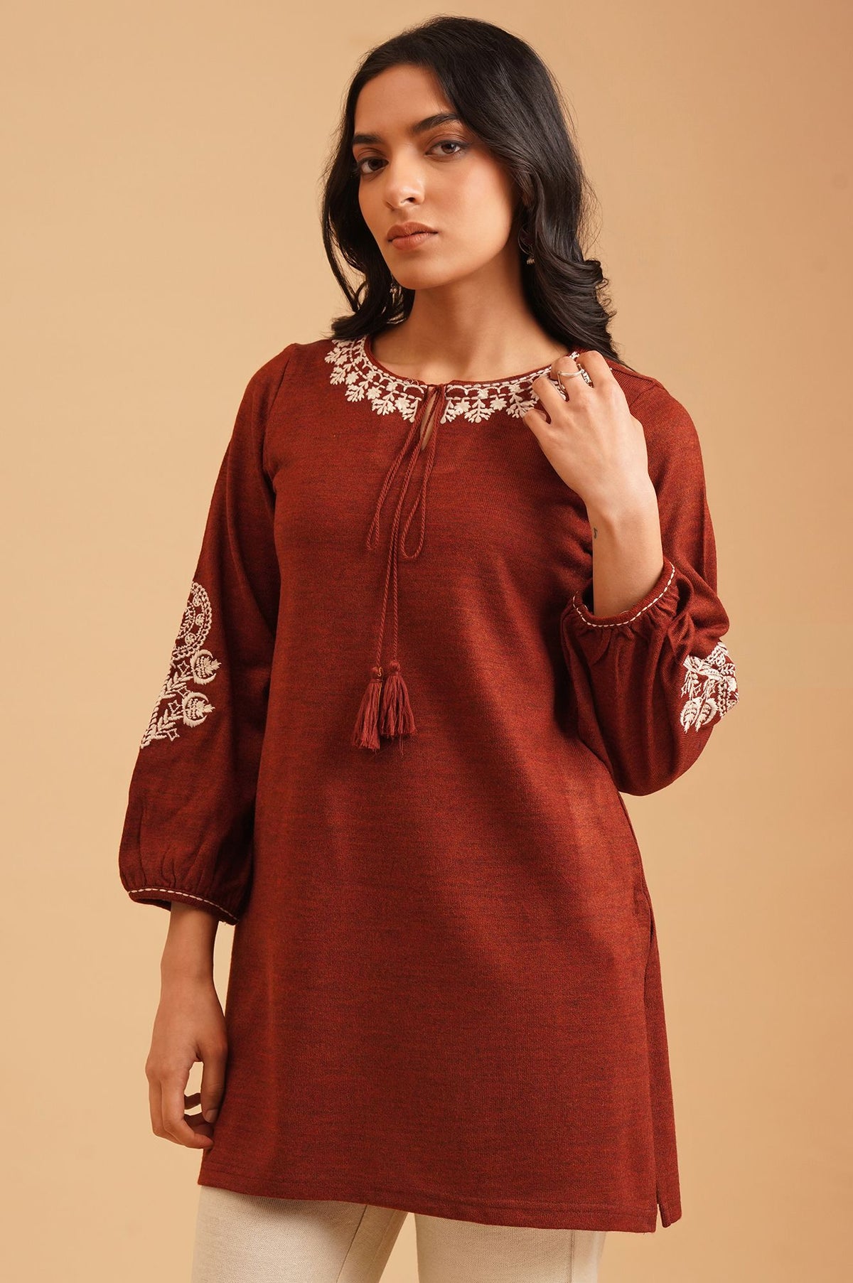 Maroon Embroidered Acrylic Straight Winter Top
