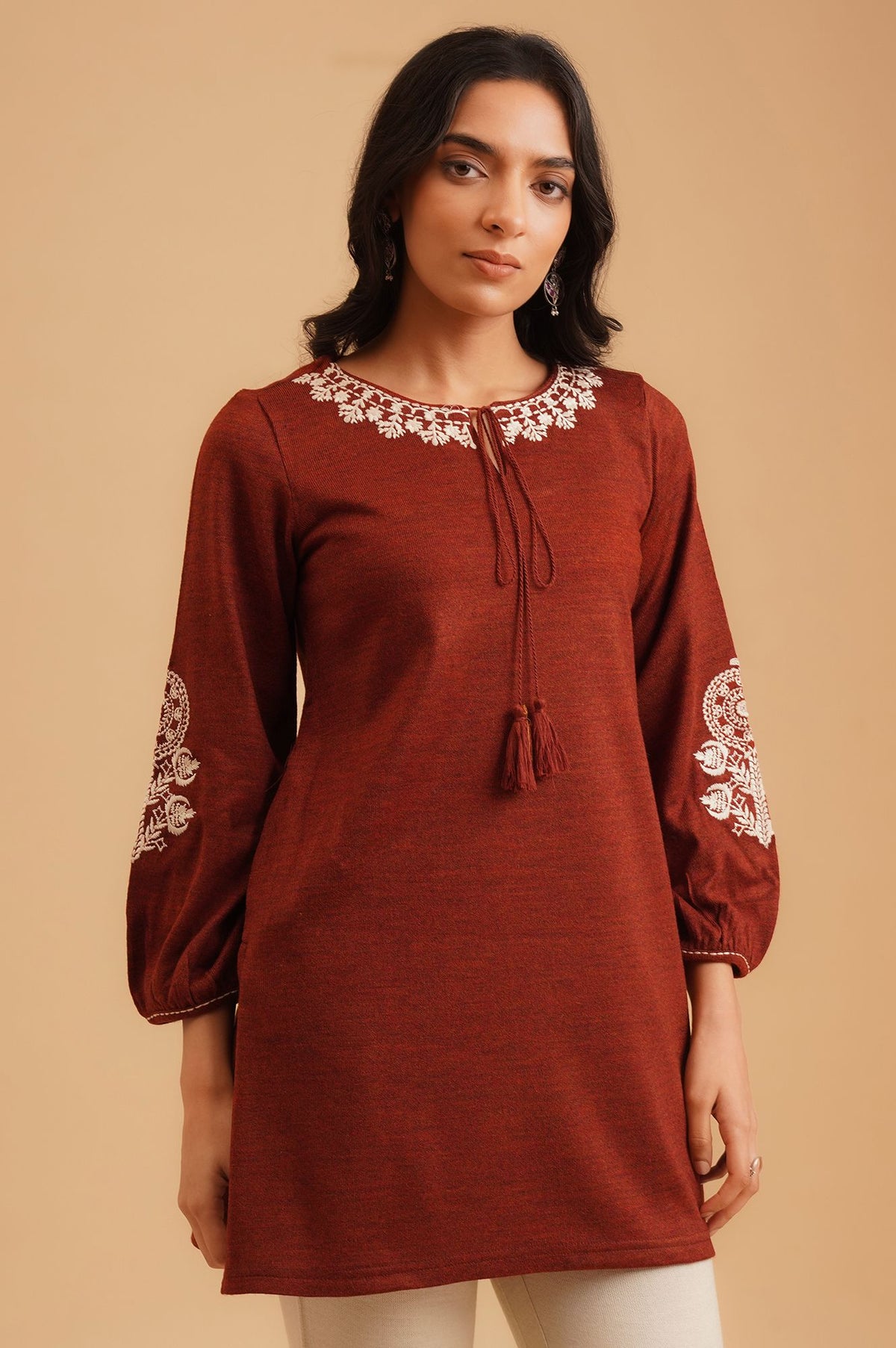 Maroon Embroidered Acrylic Straight Winter Top