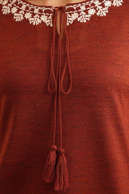 Maroon Embroidered Acrylic Straight Winter Top