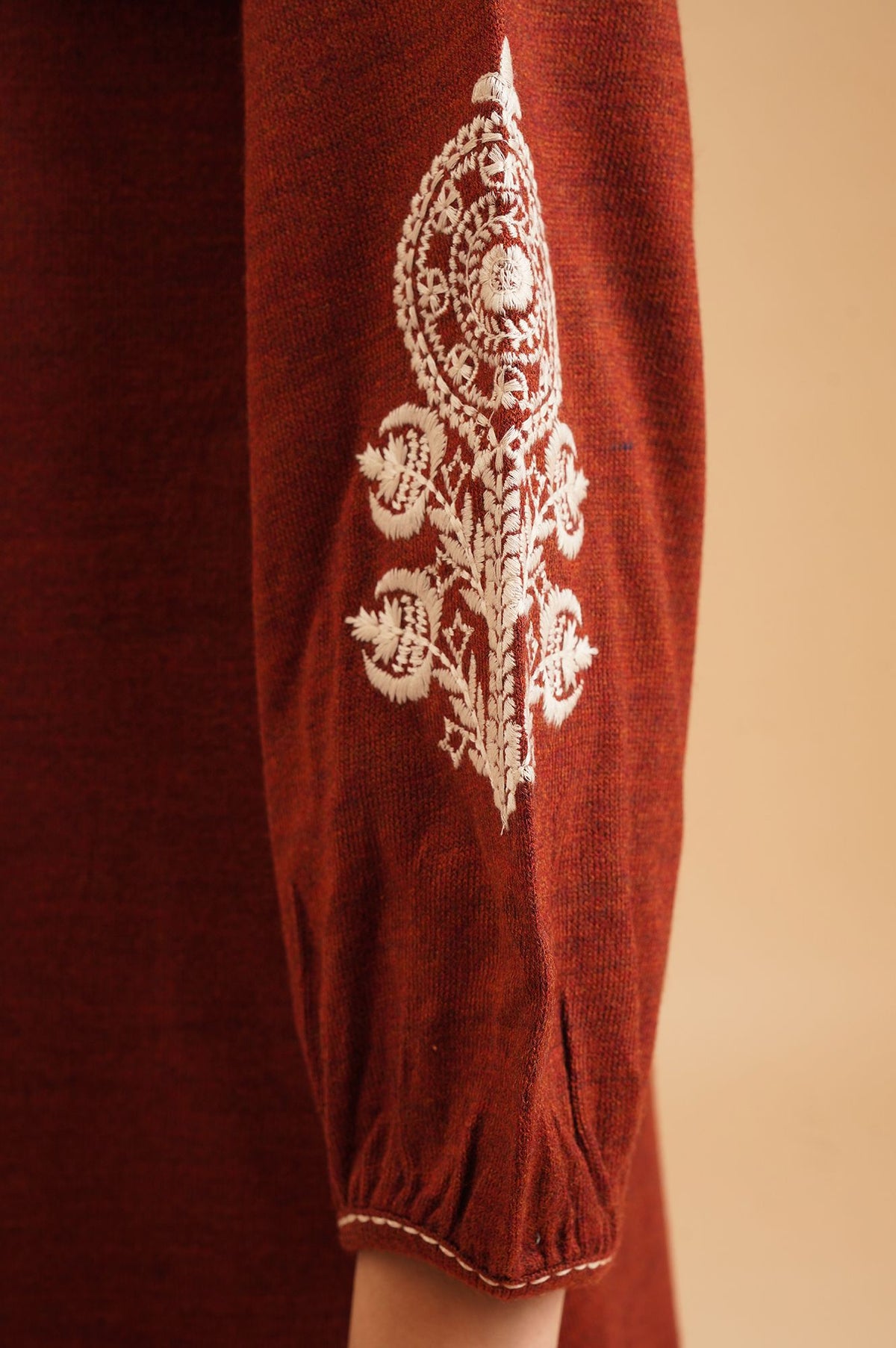 Maroon Embroidered Acrylic Straight Winter Top