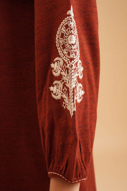 Maroon Embroidered Acrylic Straight Winter Top