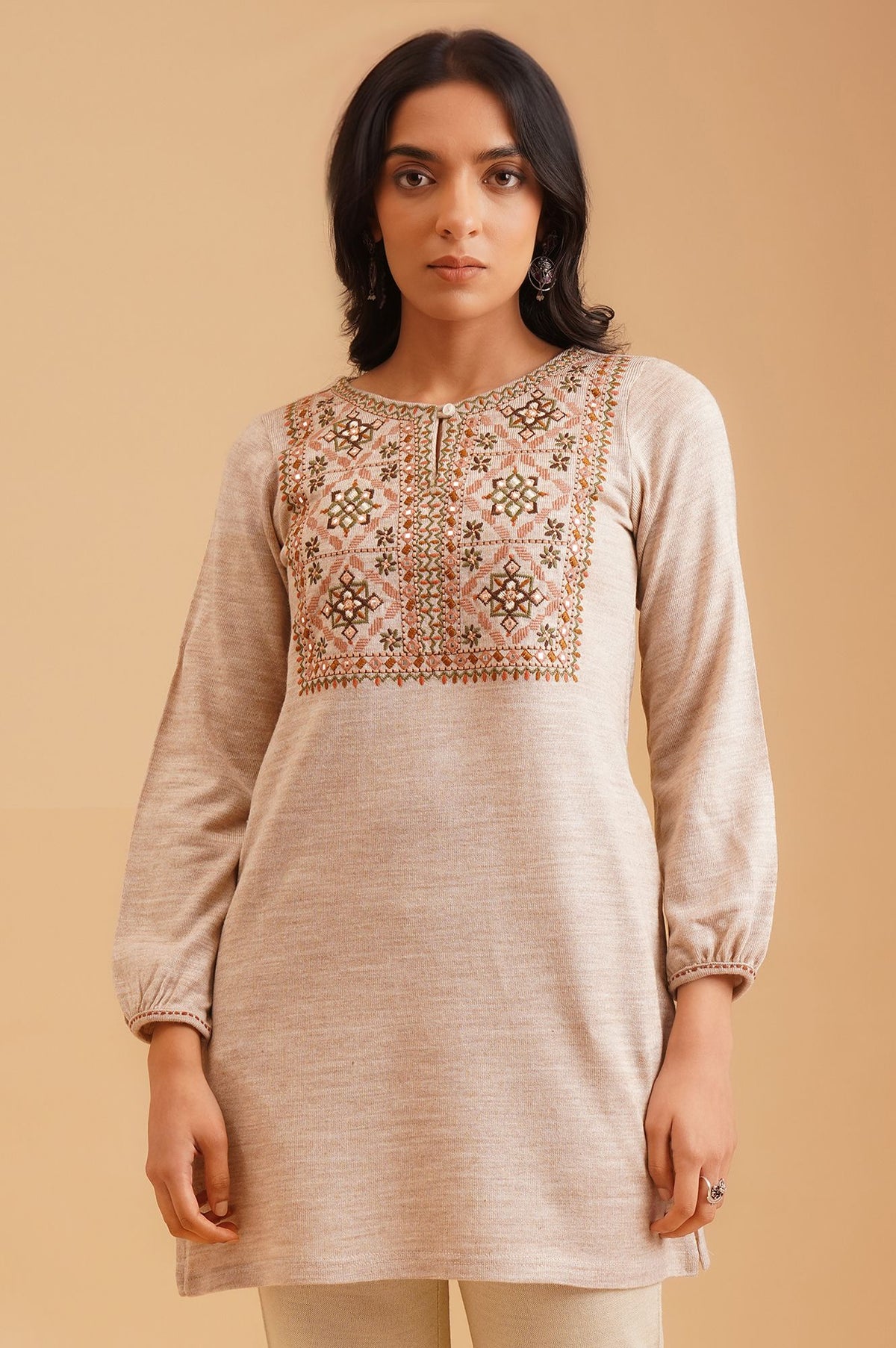 Beige Embroidered Mirror Work Acrylic Straight Winter Top