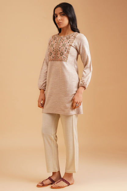 Beige Embroidered Mirror Work Acrylic Straight Winter Top