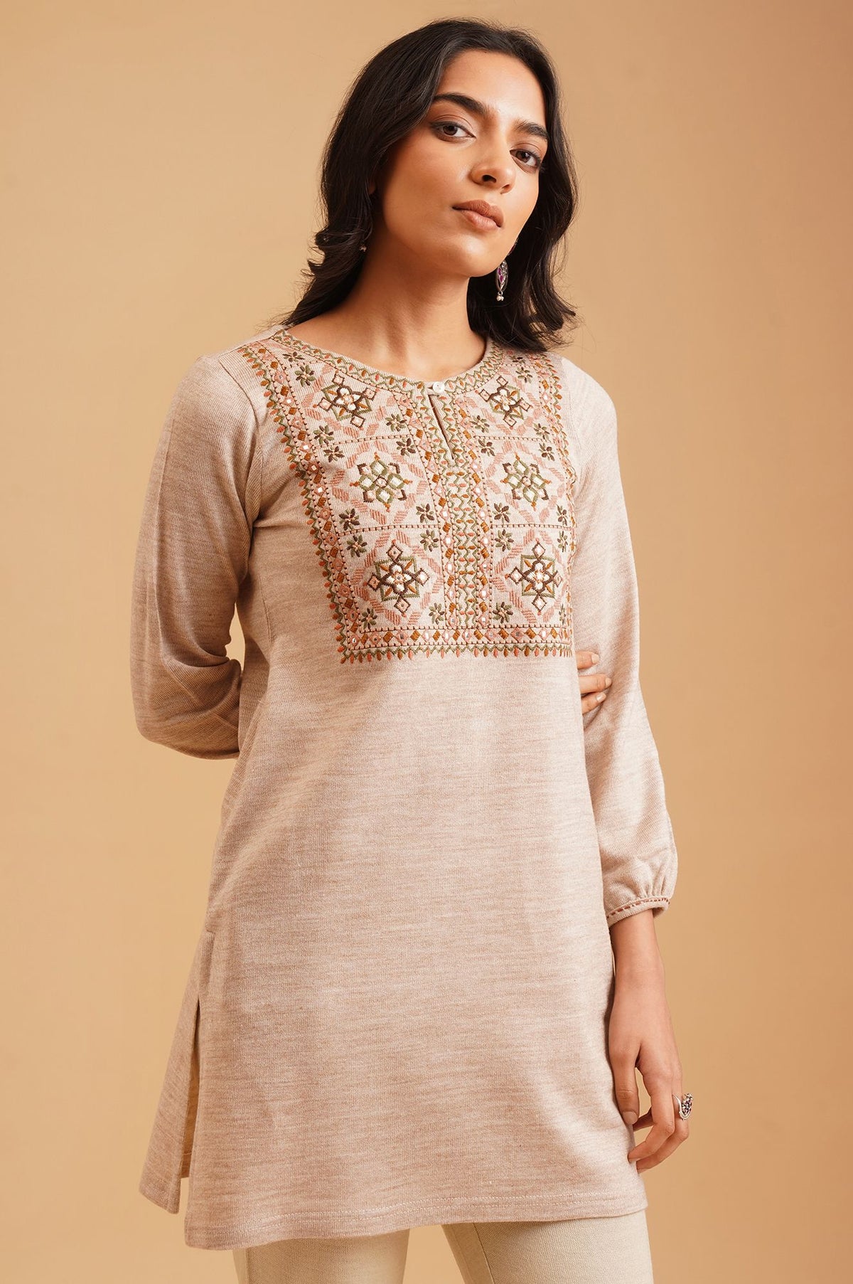 Beige Embroidered Mirror Work Acrylic Straight Winter Top